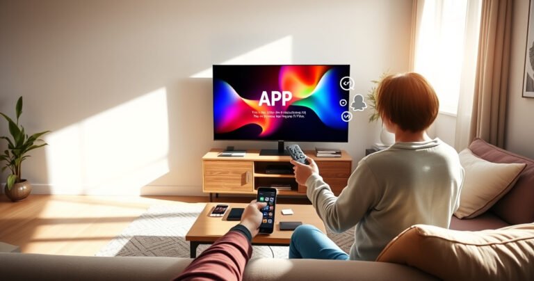 A bright living room with a sleek smart TV displaying a colorful app update screen, surrounded by a cozy couch and a coffee table with tech gadgets. Soft sunlight streams through a window, illuminating a user holding a remote, poised and ready, while a friendly digital assistant icon hovers nearby, offering guidance.
