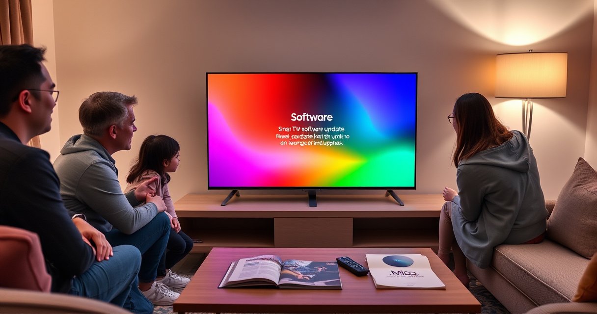 A sleek, modern Samsung Smart TV displaying a colorful software update screen, surrounded by a cozy living room setting. Soft ambient lighting highlights a stylish coffee table, with a guidebook and a remote control resting nearby. A family of four watches eagerly, their faces illuminated by the vibrant screen as they prepare for the update.