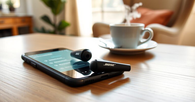A close-up of sleek Bose earbuds resting on a wooden table, surrounded by a glowing smartphone displaying the Bluetooth settings. Soft morning light filters through a nearby window, creating a warm ambiance. In the background, a cozy living space with a comfortable chair and a steaming cup of coffee, inviting relaxation and learning.