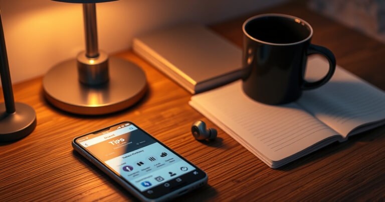 A sleek pair of Bose QC earbuds resting on a wooden desk, surrounded by a warm glow of a desk lamp. Nearby, a smartphone displays the Bose app interface, while a cozy coffee mug and an open notebook filled with tips create an inviting atmosphere, symbolizing productivity and modern convenience.