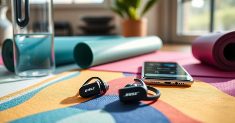 A close-up of sleek Bose Sport Earbuds resting on a vibrant gym towel, surrounded by a water bottle, a yoga mat, and a smartphone displaying music playlists. Soft natural light filters through a window, highlighting the earbuds' glossy finish and the energetic atmosphere of a modern workout space.