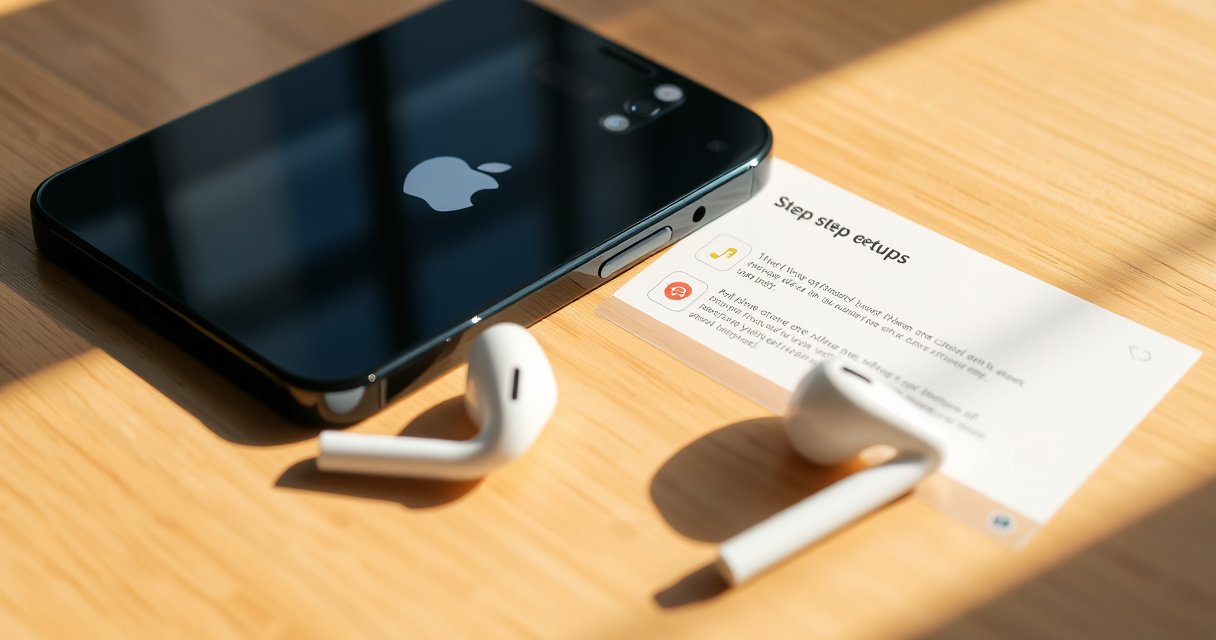 A close-up of a stylish iPhone 11 on a wooden table, earbuds resting beside it. Soft natural light casts gentle shadows, highlighting the sleek design of the phone and the elegant earbuds. A step-by-step setup guide is partially visible, with colorful icons and simple instructions, creating a tech-savvy and inviting atmosphere.