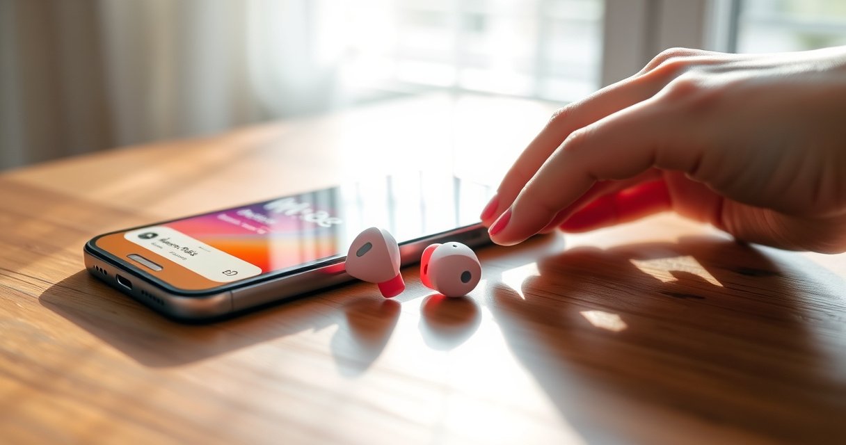 A close-up of a sleek iPhone 13 on a wooden table, with vibrant, wireless earbuds resting beside it. Soft sunlight filters through a nearby window, illuminating the device's screen displaying a music app. A hand reaches for the earbuds, creating a sense of connection and modern tech lifestyle.