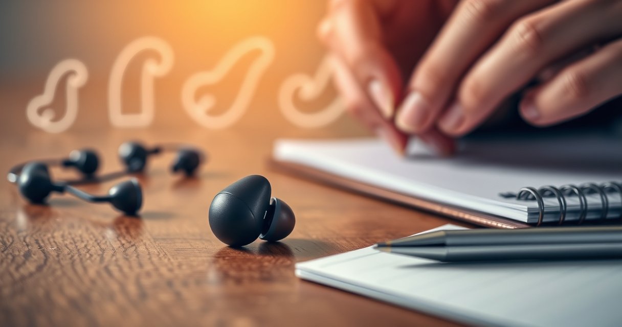 A close-up of sleek, modern earbuds resting on a wooden table, surrounded by a soft glow of warm light. In the background, faint outlines of hearing aids are visible, symbolizing innovation. A pair of hands gently adjusting the earbuds, with a notepad and pen nearby, illustrating a step-by-step guide in progress.