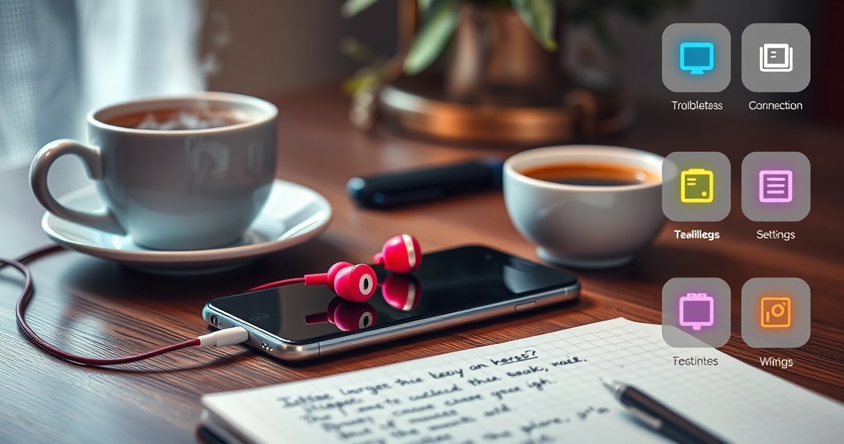 An elegant workspace featuring a sleek iPhone with vibrant earbuds plugged in, surrounded by a cozy environment with soft lighting. A notepad with handwritten tips lies nearby, and a steaming cup of coffee adds warmth. The background hints at troubleshooting guides, with colorful icons of settings and connections subtly integrated into the scene.