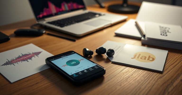 A sleek pair of JLab earbuds resting on a modern wooden desk, surrounded by vibrant soundwave illustrations, a smartphone displaying the JLab app, and scattered user manuals. Soft, ambient lighting highlights the earbuds' design while a close-up shows the intuitive controls. In the background, a laptop is open, indicating a tech-savvy workspace ready for setup.