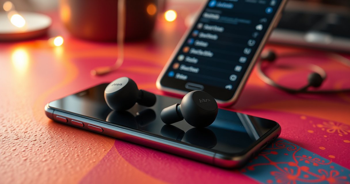 A close-up of sleek Jabra earbuds resting on a vibrant, textured surface, surrounded by a smartphone displaying Bluetooth settings, a cozy workspace with warm lighting, and subtle hints of music notes in the background, conveying seamless connectivity and everyday convenience.