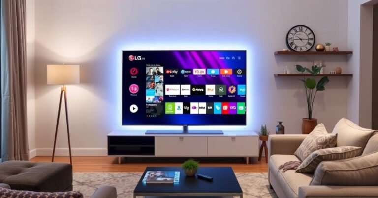 A sleek LG Smart TV glowing in a modern living room, surrounded by a cozy sofa, stylish decor, and a coffee table with a remote. The screen displays a vibrant interface with colorful app icons, while a user interacts with it, showcasing a seamless blend of technology and comfort in a contemporary home setting.