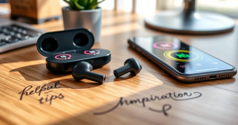 A close-up of sleek Pro 6 earbuds resting on a stylish wooden desk, illuminated by soft natural light, with a smartphone displaying vibrant controls nearby. Surrounding them are helpful tips written in elegant calligraphy, along with a small potted plant for a touch of greenery, creating a modern tech-savvy workspace atmosphere.