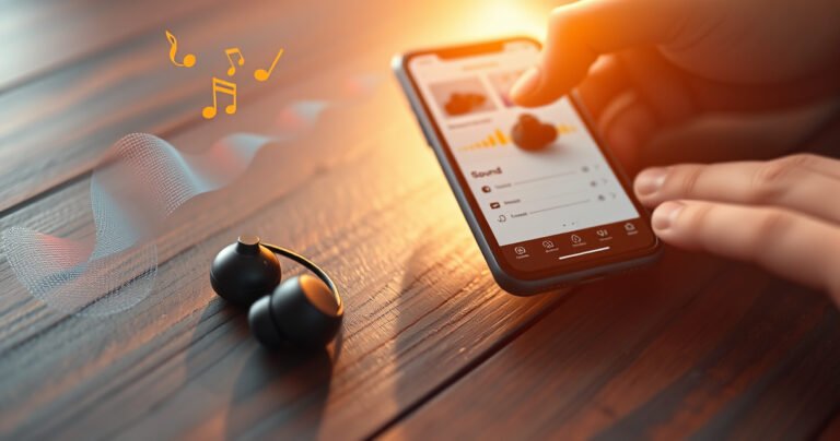 A close-up of sleek Soundcore earbuds resting on a vibrant wooden surface, surrounded by colorful soundwave illustrations and floating musical notes, with a hand reaching for a smartphone displaying a sound settings app, bathed in warm, inviting light that emphasizes modern technology and effortless connectivity.