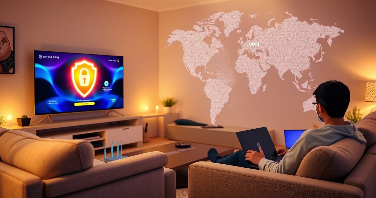A modern living room with a sleek smart TV displaying a vibrant VPN interface, surrounded by cozy furniture. A person sits on the couch, focused on a laptop, while a glowing router sits nearby, and a digital world map subtly overlays the scene, symbolizing online security and global connectivity. Warm lighting enhances the inviting atmosphere.