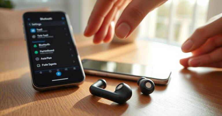 A close-up of sleek, modern wireless earphones resting on a wooden table, surrounded by a smartphone displaying Bluetooth settings, a friendly hand reaching for the earphones, and soft morning light streaming through a window, creating a warm, inviting atmosphere that conveys simplicity and ease of use.