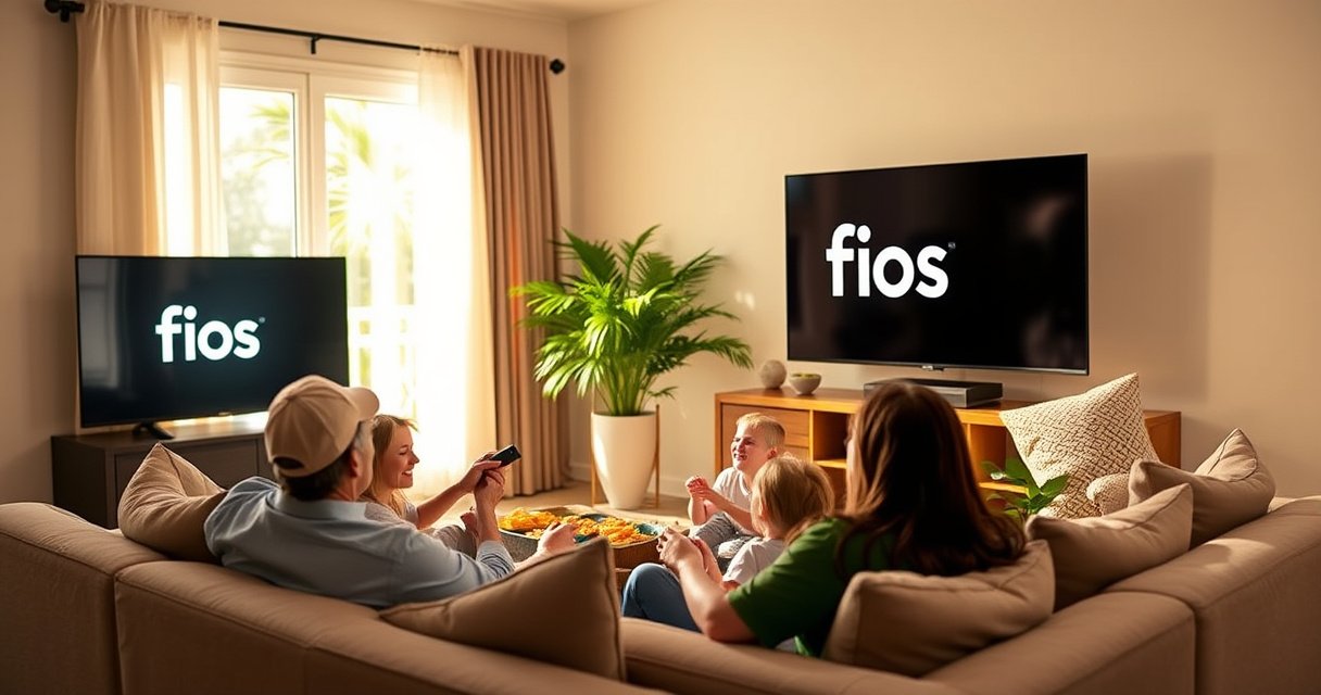 A cozy living room with a sleek smart TV displaying the Fios logo, a family eagerly gathered on a plush sofa, surrounded by snacks and a remote control, bright sunlight streaming through the window, soft pillows, and a vibrant indoor plant in the background, conveying a warm and inviting atmosphere of home entertainment.