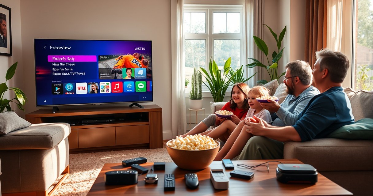 A cozy living room with a sleek smart TV displaying the Freeview interface, a family happily gathered on a plush sofa, popcorn bowls in hand, sunlight streaming through the window, vibrant plants in the background, and a coffee table cluttered with remote controls and tech gadgets, evoking a sense of relaxation and entertainment.