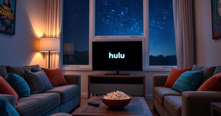 A cozy living room with a sleek Samsung Smart TV displaying the Hulu logo, soft ambient lighting, and plush couches adorned with colorful throw pillows. A bowl of popcorn sits on a wooden coffee table, with a remote control beside it. A window shows a starry night sky, inviting relaxation and entertainment.