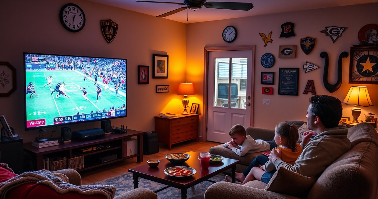 A cozy living room with a Samsung Smart TV displaying an exciting live sports game, vibrant team colors filling the screen. A family gathers on a plush sofa, snacks on a coffee table, with the room warmly lit, showcasing sports memorabilia on the walls, capturing the thrill of the game and a shared experience.