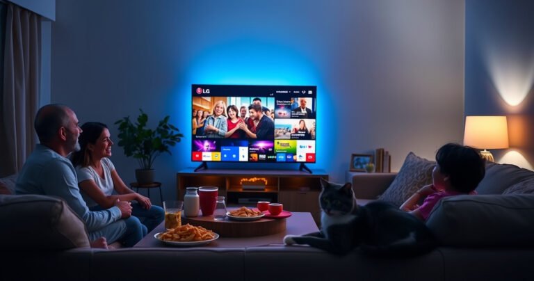 A cozy living room featuring an LG Smart TV displaying vibrant live TV channels, with a family gathered around, smiling and enjoying the show. Soft lighting illuminates the room, highlighting snacks on a coffee table and a cat lounging nearby, creating a warm, inviting atmosphere perfect for engaging entertainment experiences.