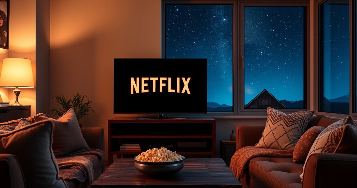 A cozy living room with a sleek smart TV displaying the Netflix logo, surrounded by plush cushions and a warm blanket. Soft ambient lighting casts a glow, while a bowl of popcorn sits on a rustic coffee table. A window shows a starry night sky, adding a sense of comfort and intrigue to the scene.