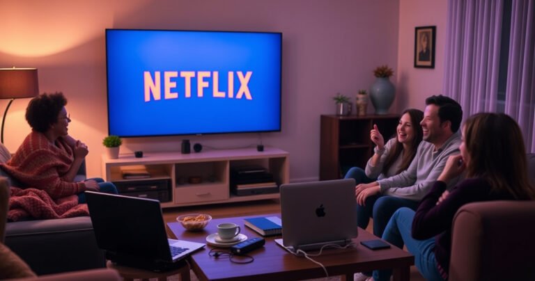 A cozy living room with a large smart TV displaying the Netflix logo, surrounded by snacks and a warm blanket, dimmed lights creating a relaxing atmosphere, a laptop on a coffee table with a USB drive, and a family gathered around, excitedly discussing alternate viewing methods.