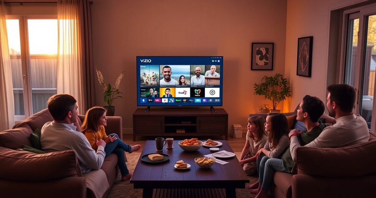 A cozy living room featuring a sleek Vizio Smart TV displaying vibrant channels, with a family gathered around on a plush couch, snacks scattered on a wooden coffee table, warm ambient lighting casting a welcoming glow, and a window revealing a sunset outside, creating a perfect atmosphere for enjoying regular TV together.