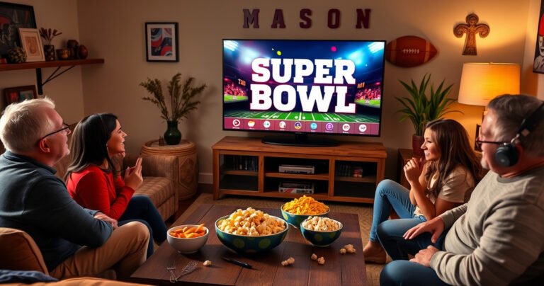 A cozy living room scene featuring a family gathered around a sleek Samsung Smart TV, vibrant Super Bowl graphics on the screen, bowls of popcorn and snacks on a rustic coffee table, warm lighting casting a welcoming glow, and excited expressions as they cheer, surrounded by colorful team memorabilia and football decorations.