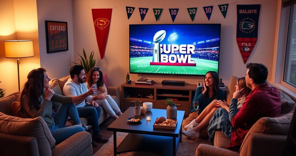 A cozy living room scene featuring a sleek smart TV displaying the Super Bowl logo, surrounded by excited friends on a plush sofa, snacks and drinks on a coffee table, colorful team banners adorning the walls, soft lighting creating a warm atmosphere, and a hint of a football game on the TV screen.
