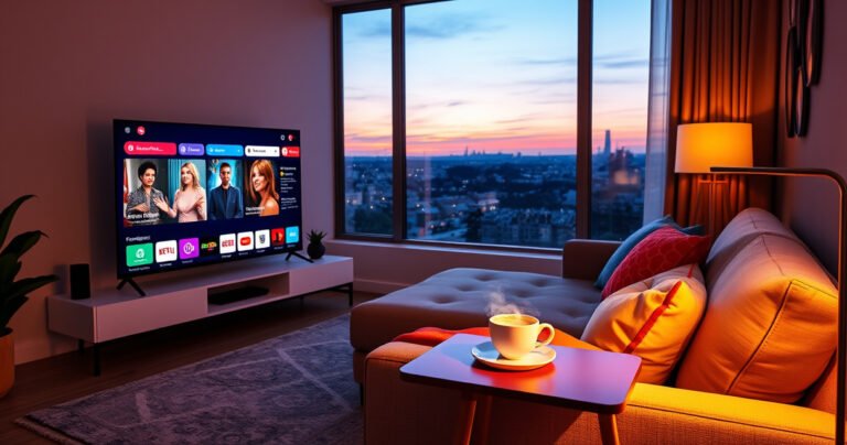 A cozy living room with a modern smart TV showcasing vibrant streaming icons, a plush sofa adorned with colorful cushions, a steaming cup of coffee on a sleek side table, warm ambient lighting casting a relaxing glow, and a window revealing a serene evening skyline.
