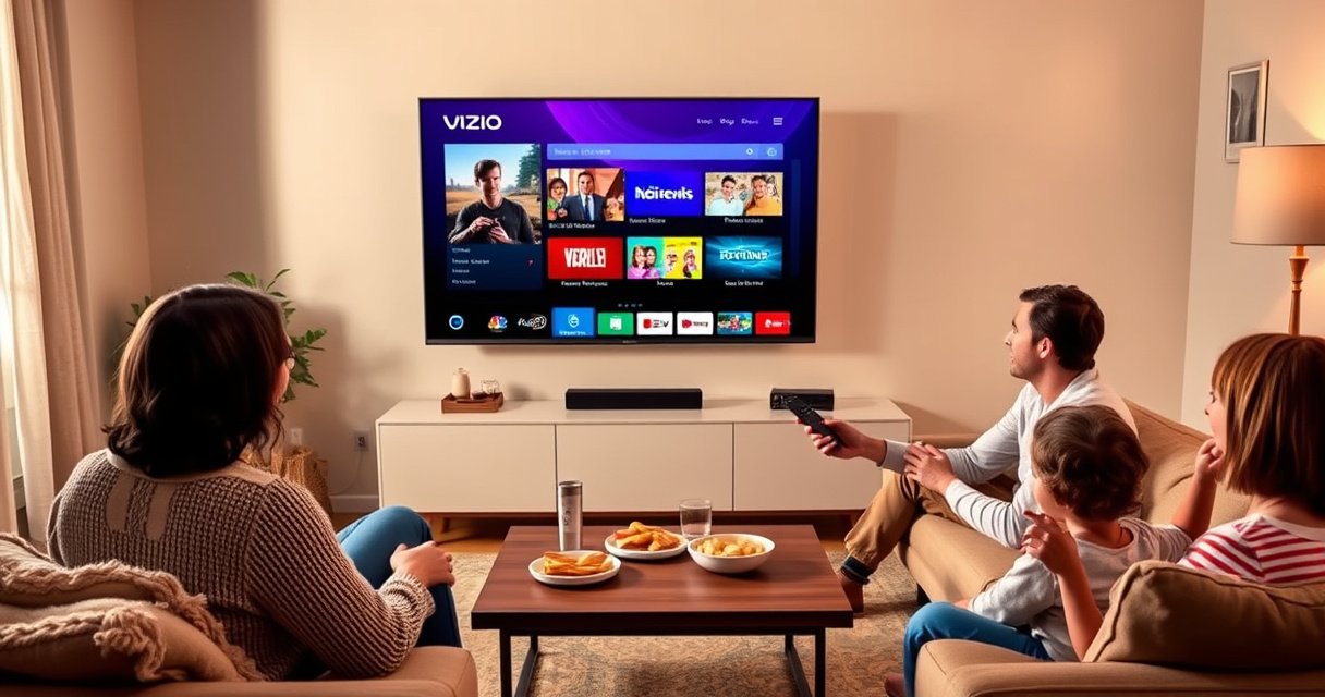 A sleek Vizio Smart TV displaying vibrant streaming icons, surrounded by a cozy living room setting. Soft lighting casts a warm glow, highlighting a comfortable sofa with fluffy pillows, a stylish coffee table with snacks, and a family eagerly gathered, remote in hand, ready for an engaging viewing experience.