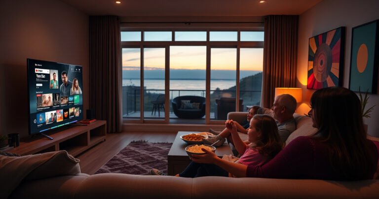 A cozy living room with a sleek smart TV displaying the YouTube TV interface, a family gathered on a plush couch, popcorn bowl in hand, warm ambient lighting, and vibrant wall art, conveying a sense of connection and entertainment, while a large window reveals a serene evening outside.
