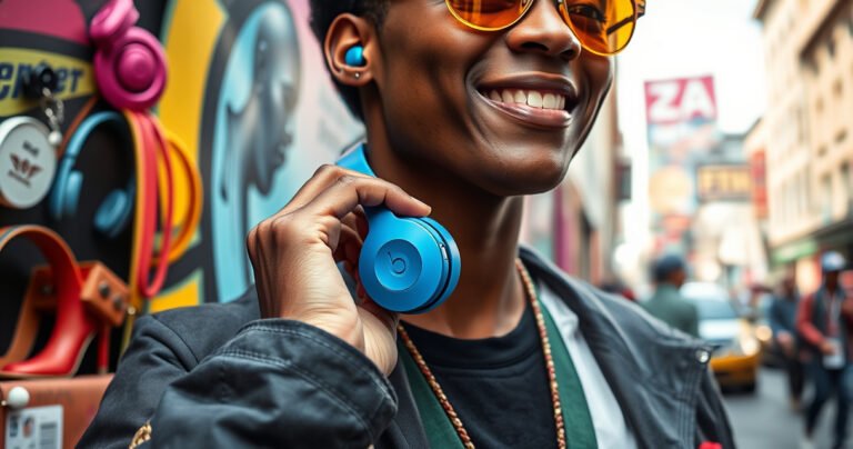 A close-up of vibrant Beats by Dre earbuds nestled in a stylish urban setting, surrounded by an array of colorful fashion accessories. A person adjusts the earbuds with a confident smile, showcasing a trendy outfit and a lively city backdrop. Bright street art adds energy, highlighting modern style and sound quality in perfect harmony.