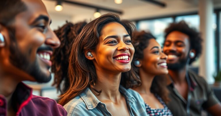 A close-up of a diverse group of people enjoying music with Bose earbuds, each demonstrating a perfect fit. Vibrant colors highlight their expressions of joy and focus. In the background, a soft blur of a stylish, modern setting with sound waves radiating from the earbuds, emphasizing comfort and lifestyle integration.