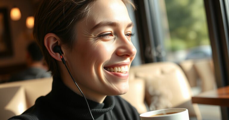 A close-up of a person smiling while wearing stylish earbuds with ear hooks, seated in a cozy café. Soft morning light filters through a nearby window, highlighting their relaxed posture and the sleek design of the earbuds. A steaming coffee cup sits on the table, creating a warm, inviting atmosphere that emphasizes comfort and style.