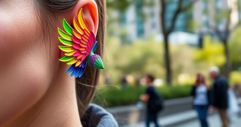A close-up of a model with vibrant, winged earbuds snugly fitted in their ears, showcasing bright colors and intricate designs. The background features a soft blur of an urban park, with hints of greenery and people enjoying outdoor activities, emphasizing the stylish, comfortable integration of technology and fashion in everyday life.
