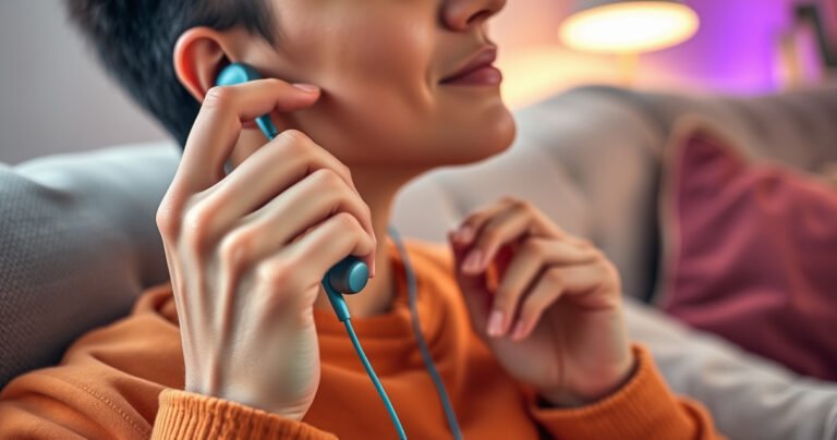 A close-up of a person adjusting stylish earphones, showcasing vibrant colors and sleek design. The background features a cozy, modern workspace with soft lighting, emphasizing comfort and focus. A pair of hands gently manipulating the earphones while wearing a relaxed expression, surrounded by soft textures like a plush sofa and warm cushions, creating an inviting atmosphere.