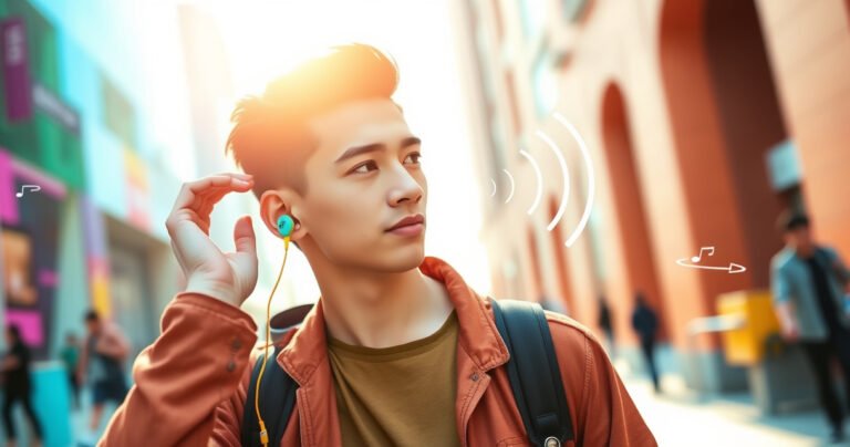 A stylish young person wearing vibrant JBL wireless earbuds while adjusting the fit, surrounded by a modern, tech-inspired backdrop. Bright colors and dynamic energy convey a sense of music and freedom, with sound waves visually emanating from the earbuds, showcasing comfort and connectivity in a lively urban setting.