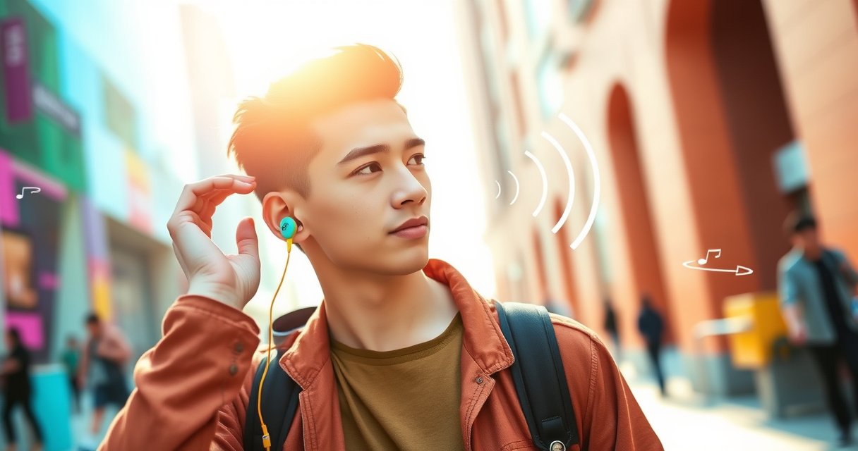 A stylish young person wearing vibrant JBL wireless earbuds while adjusting the fit, surrounded by a modern, tech-inspired backdrop. Bright colors and dynamic energy convey a sense of music and freedom, with sound waves visually emanating from the earbuds, showcasing comfort and connectivity in a lively urban setting.