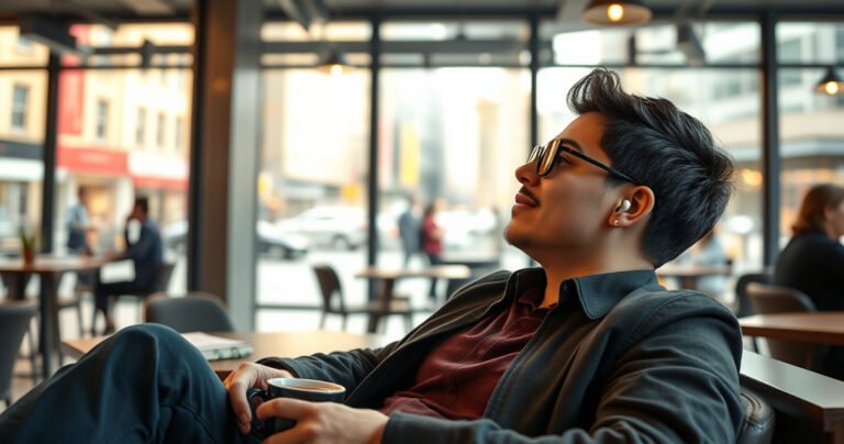 A stylish person relaxing in a cozy urban café, wearing sleek JLab earbuds, with vibrant city life in the background. Soft light filters through large windows, highlighting the earbuds' design. The individual appears engaged and comfortable, showcasing diverse earbud styles and colors, surrounded by coffee cups and notebooks, evoking a sense of modern lifestyle and creativity.