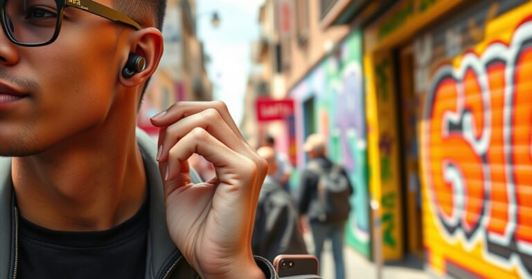 A close-up of a stylish person adjusting sleek Jabra earbuds in a vibrant urban setting, with bright graffiti walls and bustling street life in the background, showcasing diverse earbud placements, while showcasing accessories like a trendy backpack and smartphone, surrounded by an energetic vibe that represents modern connectivity and music enjoyment.