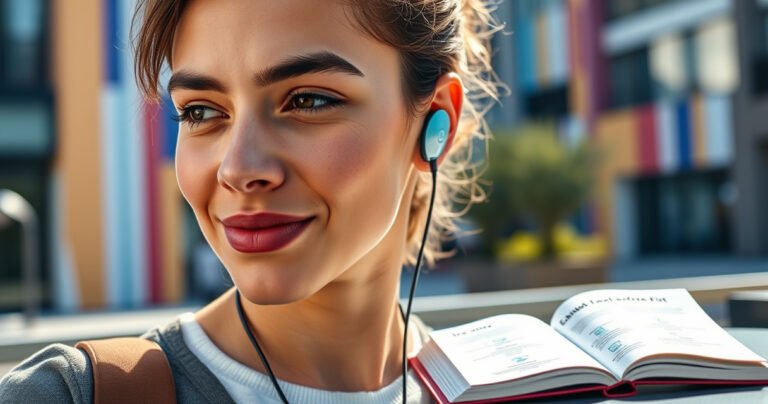 A close-up of a stylish young adult wearing vibrant loop earbuds, showcasing the perfect fit. Their relaxed expression is enhanced by a colorful urban backdrop, with soft sunlight illuminating the earbuds. Nearby, a small guidebook with tips on earbud comfort lies open on a sleek table, inviting readers to explore.