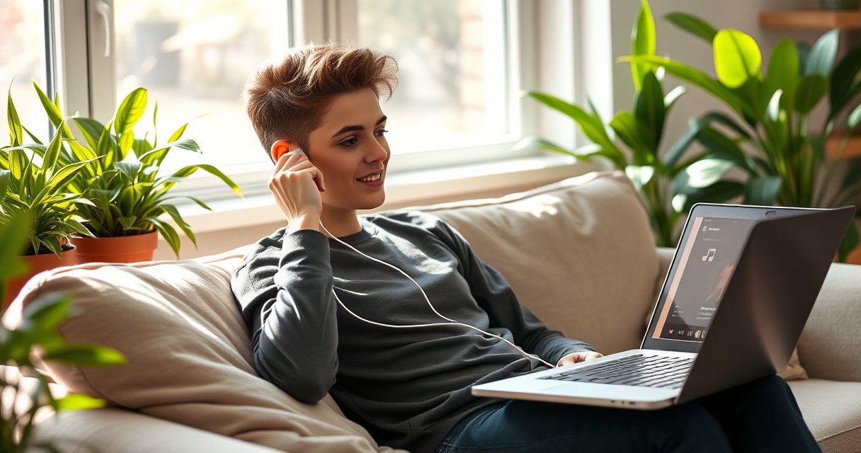 A cozy home setting with a young person comfortably seated on a plush sofa, wearing stylish wired earbuds. Soft natural light streams through a window, illuminating their relaxed expression as they adjust the earbuds. Surrounding them are vibrant plants, an open laptop with music playing, and a coffee cup, creating an inviting atmosphere of tech and tranquility.