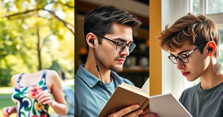 A close-up of a diverse group of people wearing stylish earphones in various settings: a young woman jogging in a vibrant park, a man relaxing with a book in a cozy café, and a teenager studying in a sunlit room. Each person wears earphones comfortably, showcasing different styles and colors while enjoying their moments of sound.