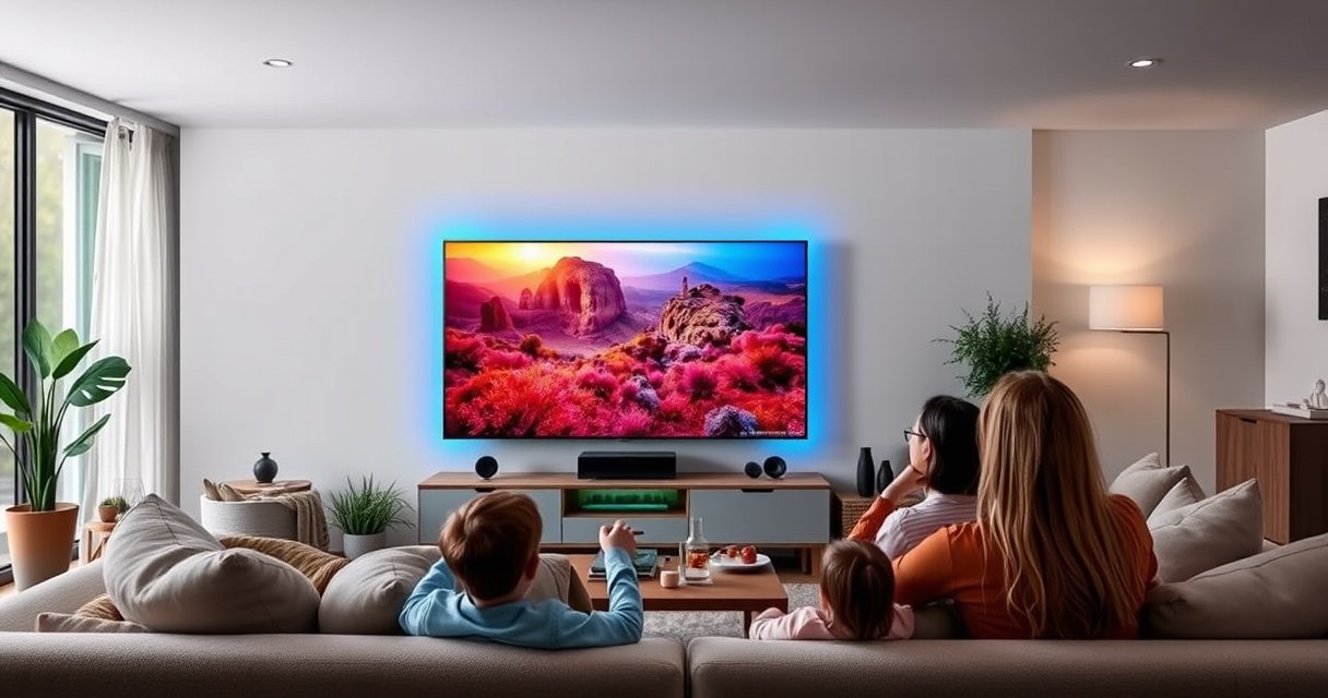 A sleek Hisense smart TV glowing in a modern living room, displaying vibrant colors of a nature documentary, surrounded by cozy furniture, soft lighting, and a stylish entertainment setup, hinting at cutting-edge technology and user-friendly features, while family members enjoy the immersive experience together, conveying comfort and innovation in home entertainment.