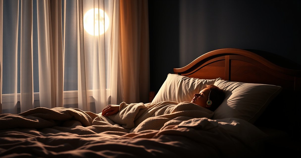 A peaceful bedroom scene at night, soft moonlight filtering through sheer curtains, a cozy bed with fluffy pillows, a person sleeping soundly with colorful earbuds in, surrounded by a gentle aura of music notes, cozy blankets, and a clock softly ticking, evoking a sense of comfort and tranquility amidst the quiet darkness.