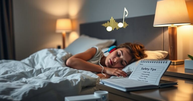 A serene bedroom at night, softly illuminated by a bedside lamp, featuring a cozy bed with plush pillows. An individual peacefully sleeping with colorful earbuds in, a gentle sound wave graphic floating above, symbolizing music. Nearby, a notepad with safety tips rests on a nightstand, creating an inviting and informative atmosphere.