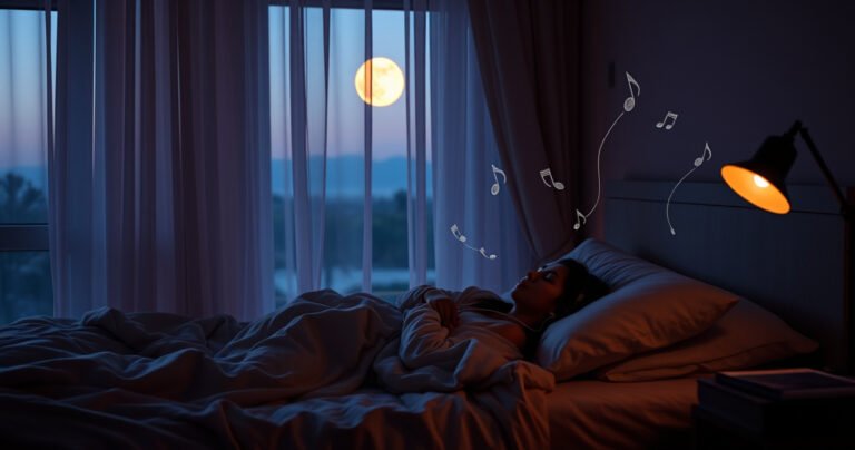 A serene bedroom scene at dusk, soft moonlight filtering through sheer curtains, a cozy bed with fluffy pillows, a person peacefully sleeping with earbuds in, surrounded by gentle music notes floating in the air, a bedside table with a glowing lamp and a book, evoking a sense of relaxation and tranquility.