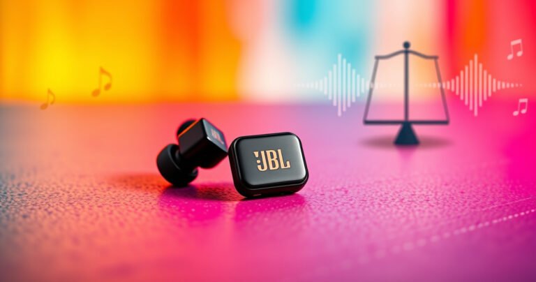 A sleek pair of JBL earbuds resting on a vibrant, textured surface, surrounded by sound waves visually emanating in bold colors. In the background, subtle icons of music notes and smartphone connectivity create an energetic atmosphere, while a balanced scale symbolizes the pros and cons of audio quality, comfort, and price.