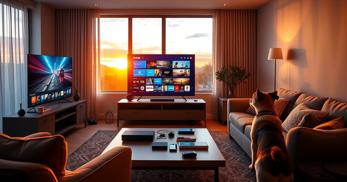 A sleek, modern living room featuring a large Philips Smart TV displaying vibrant streaming content. The cozy space is illuminated by soft ambient lighting, with stylish furniture, a coffee table adorned with tech gadgets, and a curious dog watching the screen. A window reveals a sunset outside, creating a warm and inviting atmosphere.