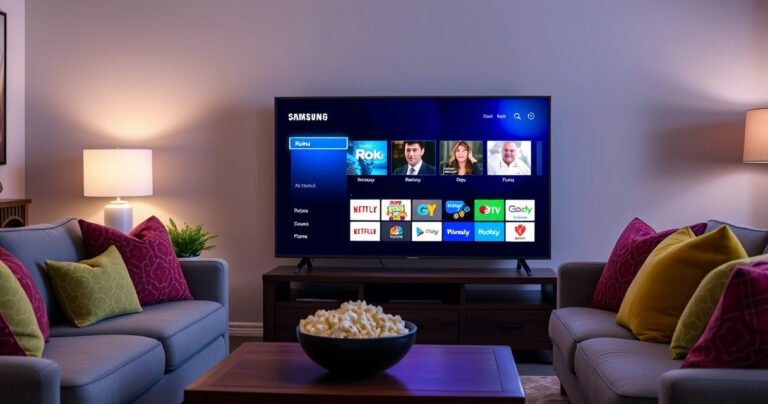 An inviting living room scene featuring a sleek Samsung Smart TV displaying the Roku interface, surrounded by a cozy couch with colorful cushions, a bowl of popcorn on a coffee table, and soft ambient lighting, creating a warm atmosphere that invites viewers to enjoy streaming their favorite shows.