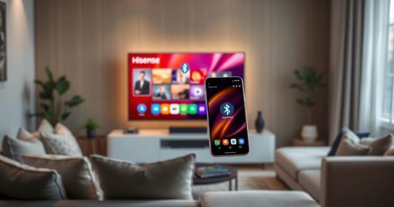 A modern living room featuring a sleek Hisense Smart TV displaying a vibrant interface, with a cozy sofa and soft lighting. In the foreground, a smartphone with Bluetooth symbols floats above, symbolizing connectivity. The atmosphere is inviting, with subtle hints of technology blending harmoniously with home comfort, showcasing the essence of smart living.