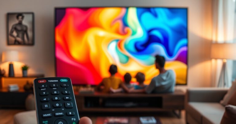 A sleek Toshiba TV displays vibrant, high-definition colors against a modern living room backdrop, with a close-up of a remote control highlighting smart features. Behind, a family enjoys streaming content, their faces illuminated by the screen’s glow, surrounded by contemporary furniture and warm ambient lighting, creating an inviting atmosphere that embodies technology and comfort.
